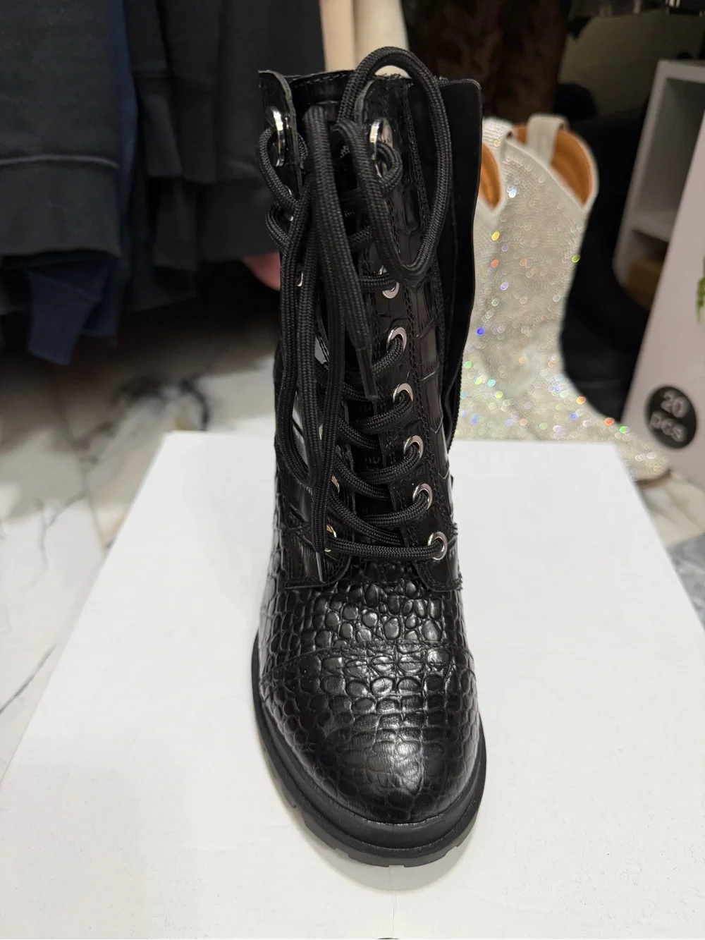 Aldo Black Croc-Embossed Lace-Up Block Heel Ankle Boot